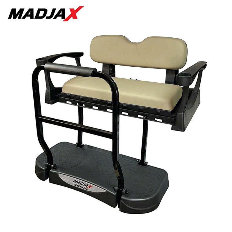 Premium rear flip seat for EZ-GO RXV model golf carts, Madjax Genesis 250 model with standard OEM Sandstone cushions, offered with fast and free shipping, Item #01-050-204S.