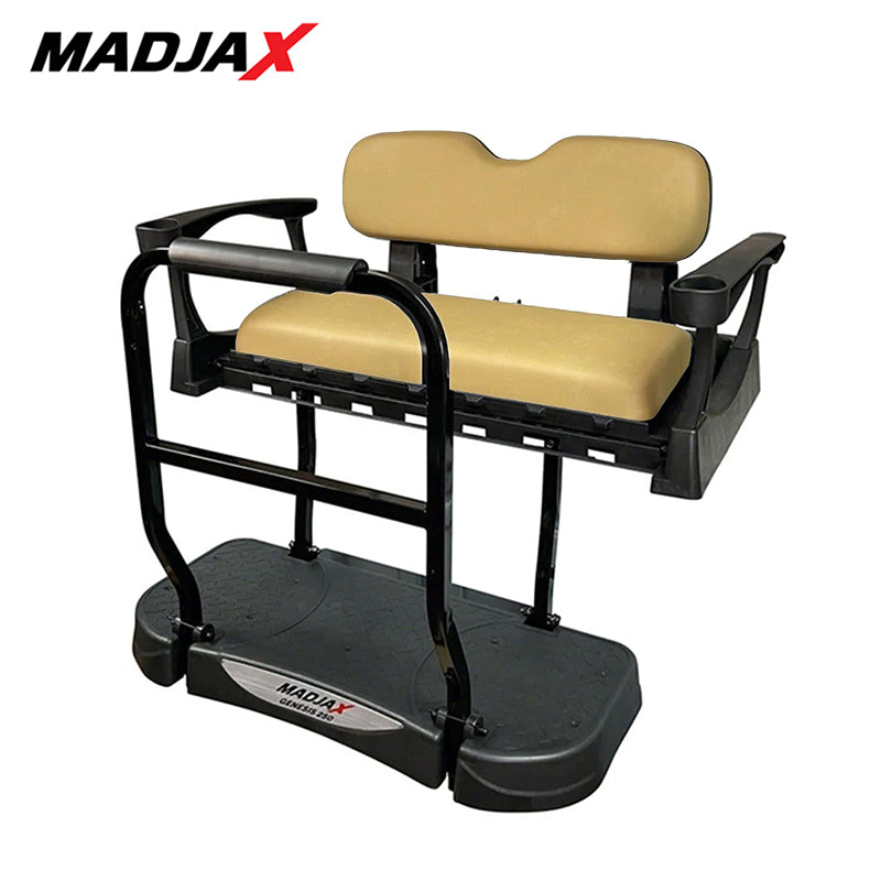 Premium rear flip seat for EZ-GO TXT model golf carts, Madjax Genesis 250 model with standard OEM Tan cushions, offered with fast and free shipping, Item #01-049-203S.