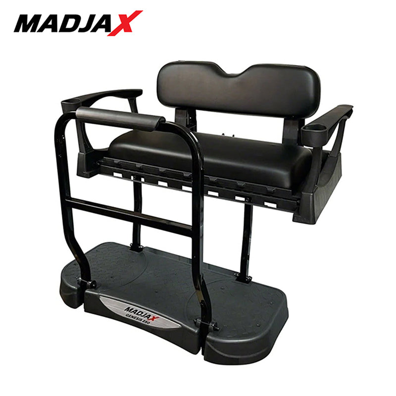 Premium golf cart rear flip seat for EZ-GO TXT and RXV model golf carts, Madjax Genesis 250 model with Black cushions, offered with fast and free shipping, Item #01-049-202S and Item #01-050-202S.