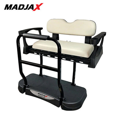 Premium rear flip seat for EZ-GO TXT model golf carts, Madjax Genesis 250 model with White cushions, offered with fast and free shipping, Item #01-049-201S.