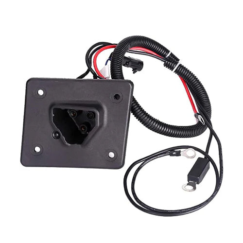 Front view of receptacle and wiring for replacement charging port on EZGO TXT and RXV model 48 volt electric golf carts.