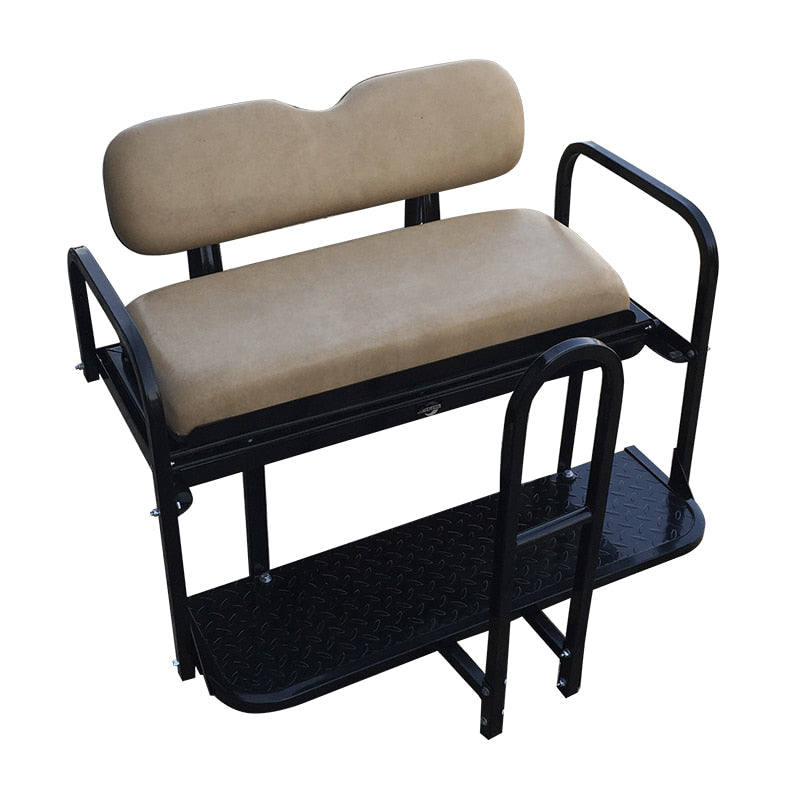 Nomad brand EZGO TXT golf cart rear flip seat assembly by SGC with tan cushions for sale.
