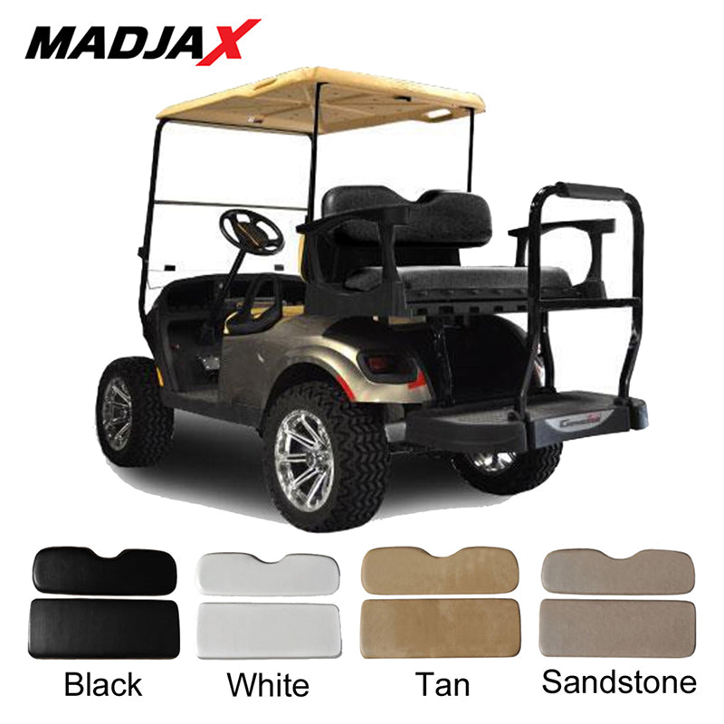 Madjax Genesis 250 premium rear flip seats designed for EZ-GO golf cars, models TXT and RXV, offered with standard cushions in white, black, tan, and stone colors, featuring free shipping from Salt City Golf Cart.