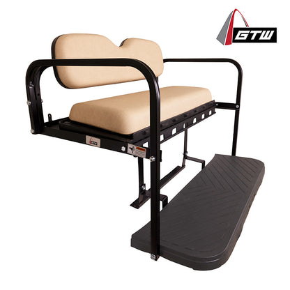 GTW Mach3 rear flip seat for Club Car DS, Precedent, Tempo, and Onward golf carts, gas and electric, with OEM Buff color cushions made from marine grade vinyl to prevent mildew and discoloration, and also featuring heavy duty strong mounting brackets and composite cargo tray and footplate, offered with free shipping.