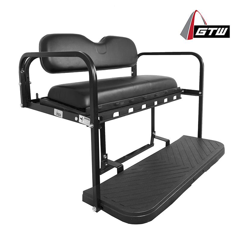 GTW Mach3 rear flip seat for Club Car, EZ-GO, and Yamaha model golf carts, gas and electric, with black color cushions made from marine grade vinyl to prevent mildew and discoloration, and also featuring heavy duty strong mounting brackets and composite cargo tray and footplate, offered with free shipping.