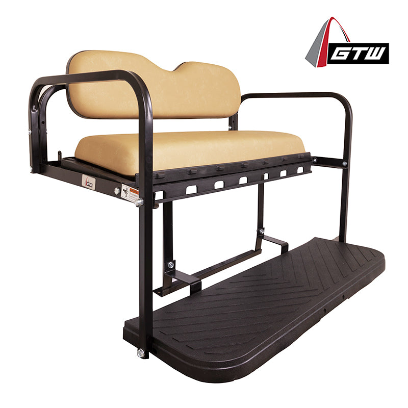 GTW Mach3 rear flip seat for Club Car, EZ-GO, and Yamaha model golf carts, gas and electric, with tan color cushions made from marine grade vinyl to prevent mildew and discoloration, and also featuring heavy duty strong mounting brackets and composite cargo tray and footplate, offered with free shipping.