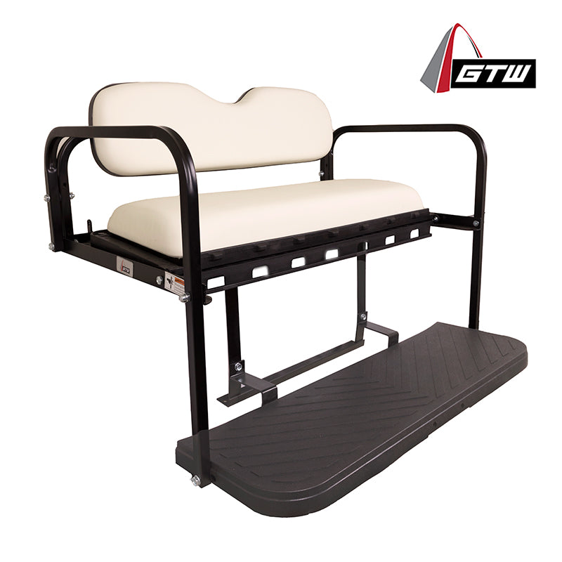 GTW Mach3 rear flip seat for Club Car, EZ-GO, and Yamaha model golf carts, gas and electric, with white color cushions made from marine grade vinyl to prevent mildew and discoloration, and also featuring heavy duty strong mounting brackets and composite cargo tray and footplate, offered with free shipping.