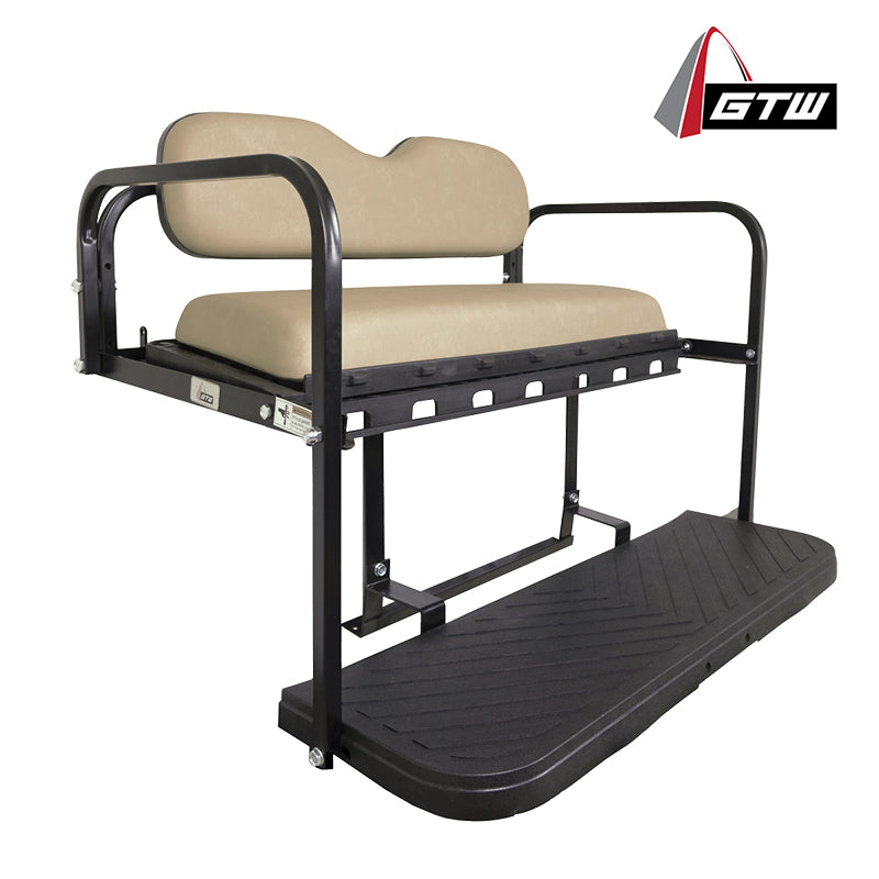 GTW Mach3 golf cart rear flip seats available in multiple cushion colors for EZ-GO, Yamaha, and Club Car models, gas or electric, all offered with free shipping and great pricing.