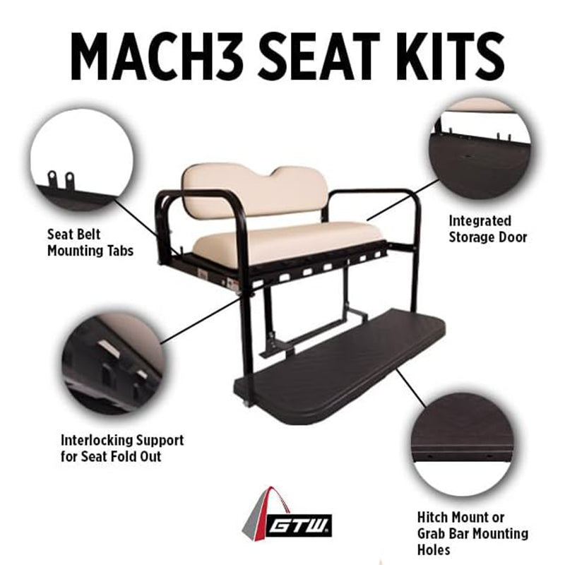 Features and benefits of the high quality economical GTW Mach3 steel rear flip seats designed for all popular models of golf carts, featuring seat belt mounting tabs, integrated storage door, interlocking support for fold out seat, and hitch mount and grab bar provisions, for sale by Salt City Golf Cart in Hutchinson, Kansas.