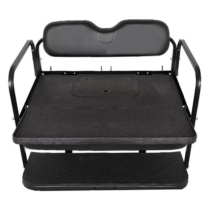 Top angled view of the Mach3 golf cart rear flip seat with black cushions, in the cargo carrying position, featuring the storage cooler box door integrated in the molded diamond-plate style cargo bed tray.