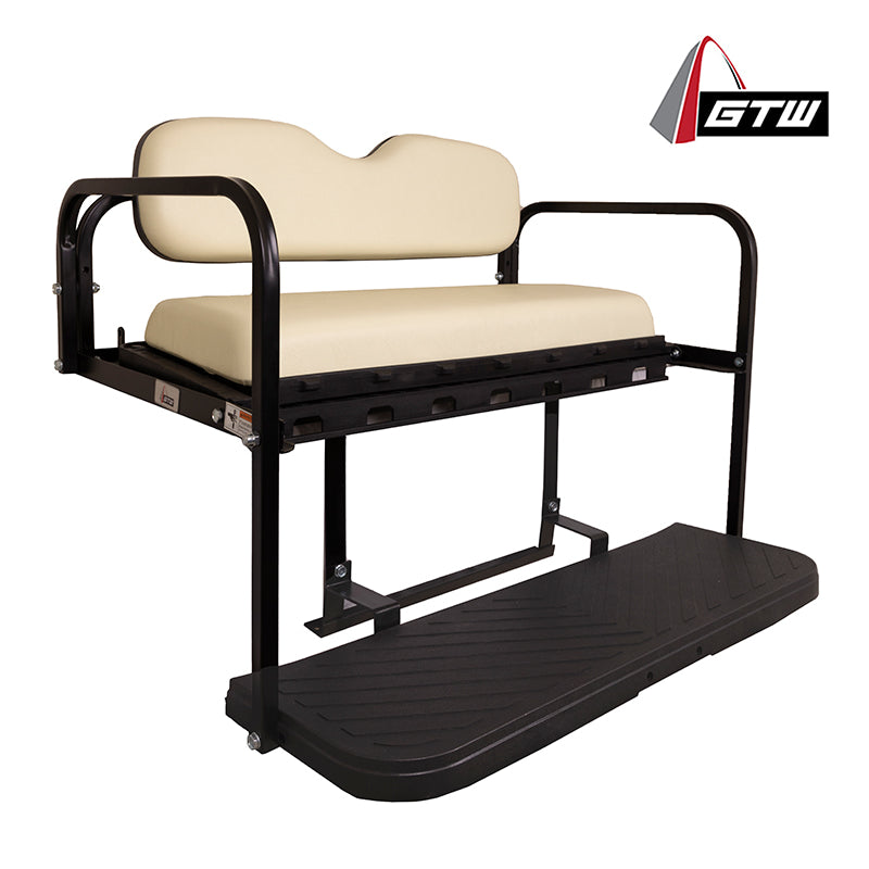 GTW Mach3 rear flip seat for Yamaha G14, G16, and G22 model golf carts, gas and electric, with OEM Ivory color cushions made from marine grade vinyl to prevent mildew and discoloration, and also featuring heavy duty strong mounting brackets and composite cargo tray and footplate, offered with free shipping.