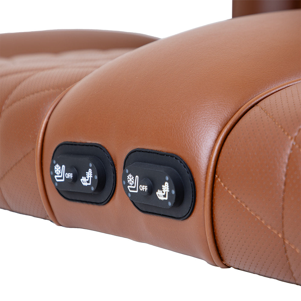 Close up detailed view of the heat and cool switches for the dual-zone climate controlled Madjax Aviator Thermaflex golf cart front seat assemblies, featuring 3-level heat settings and 3-level cool settings for both driver and passenger.