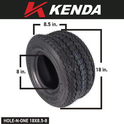 Hole-N-1 Kenda tire dimension 18 inches tall, 8.5 inches wide, and designed to mount on 8"x7" steel zero-offset golf cart wheel with 4x4 (4x101.6mm) bolt lug pattern.