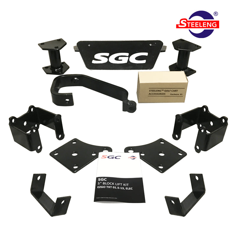 5-inch Block lift kit by SGC designed for 2001.5-2013 model year electric powered EZGO TXT golf carts, offered with free shipping by Salt City Golf Cart, model #LKTX04.