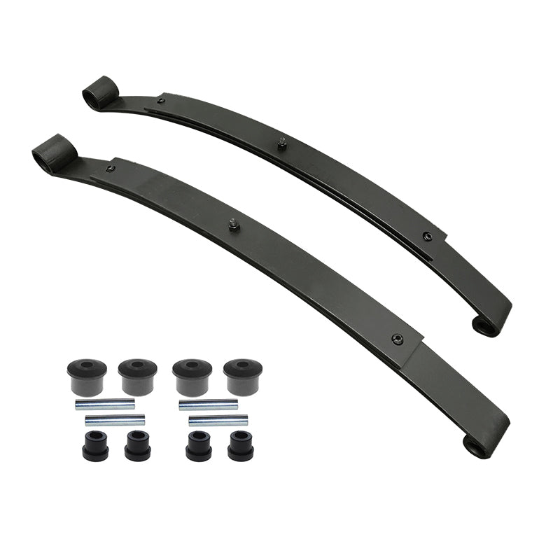 EZGO RXV 2008-2020 model year golf cart replacement rear heavy duty leaf spring set, including new rubber grommets and sleeves for increased load carrying capacity.