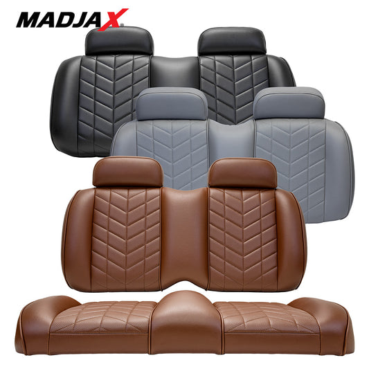 Madjax Aviator golf cart premium front seat cushion assemblies designed for EZGO TXT and RXV models, available in coffee brown, graphite gray, and black marine grade vinyl finishes, all offered with free shipping from Salt City Golf Cart in Hutchinson, Kansas.