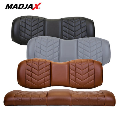 Madjax Aviator golf cart premium rear flips seat cushion assemblies designed for Madjax Genesis 250 and 300 model premium rear flip seats, available in coffee brown, graphite gray, and black marine grade vinyl finishes, all offered with free shipping from Salt City Golf Cart in Hutchinson, Kansas.