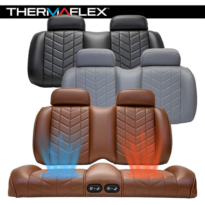 Madjax Aviator Thermaflex golf cart front seat cushion assemblies featuring heated and cooled technology, designed for Club Car Tempo, Precedent, and Onward models, years 2004 and Newer, available in coffee brown, graphite gray, and black marine grade vinyl finishes, all offered with free shipping from Salt City Golf Cart in Hutchinson, Kansas.