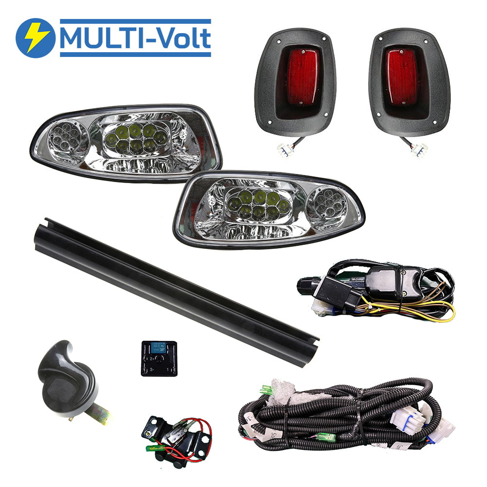 EZGO RXV deluxe street legal Multi-volt light kit includes turn signal, brake switch, horn, led lights, and steering column cover, designed for model years 2008-2015.