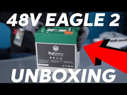 Promotional Youtube video produced by Big Battery introducing the new Eagle 2 48 volt 32 amp hour golf cart and utility cart battery and also highlighting the many innovative features such as self-heating technology and IP67 rating.