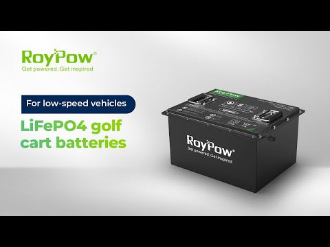 Youtube video featuring RoyPow lithium golf cart battery technology with LiFePO4 chemistry.