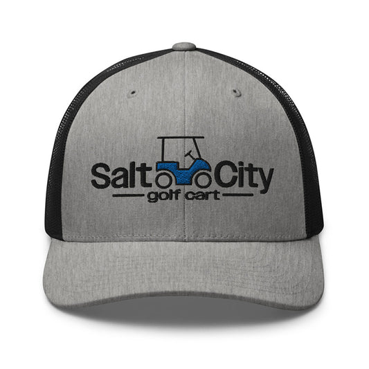 Snapback trucker style hat with Salt City Golf Cart logo on front, adjusts to all sizes, in heather gray and black colors.