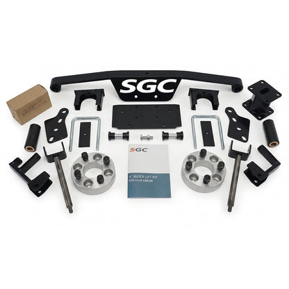 Main product image of all the components of the 4-inch block spindle extention golf cart lift kit designed for Club Car DS models, years 1993 through 2010, gas and electric, model #LKDS03 by Steeleng Golf Cart Company (SGC), offered with free shipping.