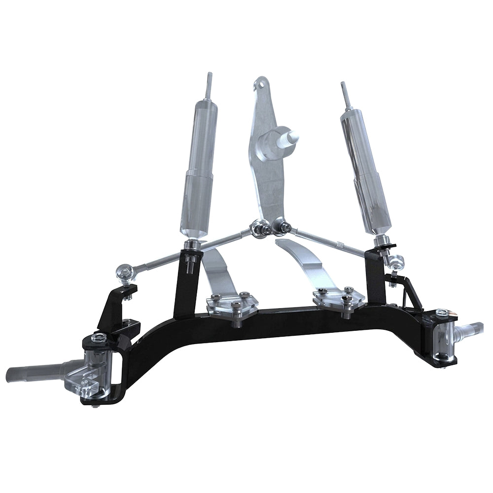 Expanded view of an installed LTX08 SGC 6" drop axle EZ-GO TXT and PDS electric powered model, lift kit, featuring high quality construction, affordable price point, and free shipping from Salt City Golf Cart in Hutchinson, Kansas.