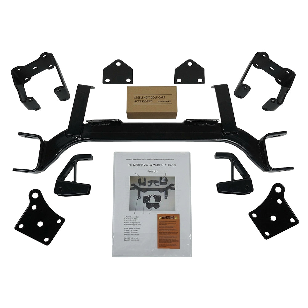 Main product photo of the 6 inch drop axle EZGO TXT and PDS lift kit, electric carts, model years 1994 through 2001.5, including spacer blocks, main assembly, tie rod extension, and all include free shipping, Item #LKTX08.
