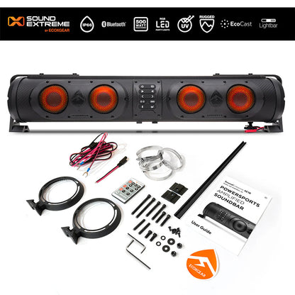 SoundExtreme SE26 model bluetooth golf cart, UTV, and marine 500-watt soundbar, including mounting brackets, remote, wiring, necessary hardware, and user guide.