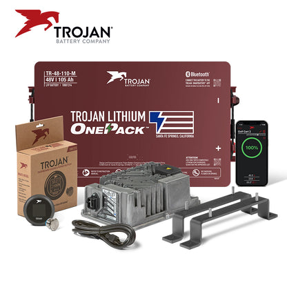 Trojan OnePack lithium Li-ON golf cart battery bundle for the Club Car Precedent, Tempo, and Onward models 2008.5 and newer, with Lester charger, digital state of charge meter SOC, and smartphone app, all with free shipping, Battery #TR-48-110-M and Bracket #10001424.