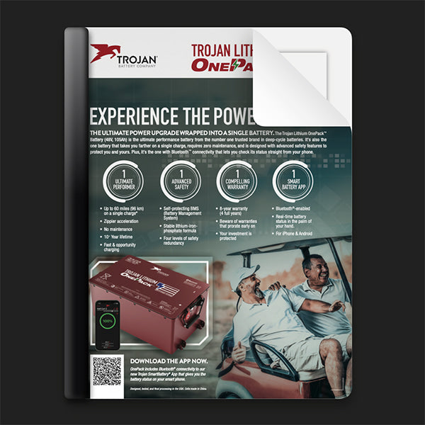 Cover photo of the Trojan Lithium golf cart battery conversion kit brochure featuring OnePack technology, extended run times, and zero maintenance for your 48-volt electric Club Car golf cart models, 2004 and newer.