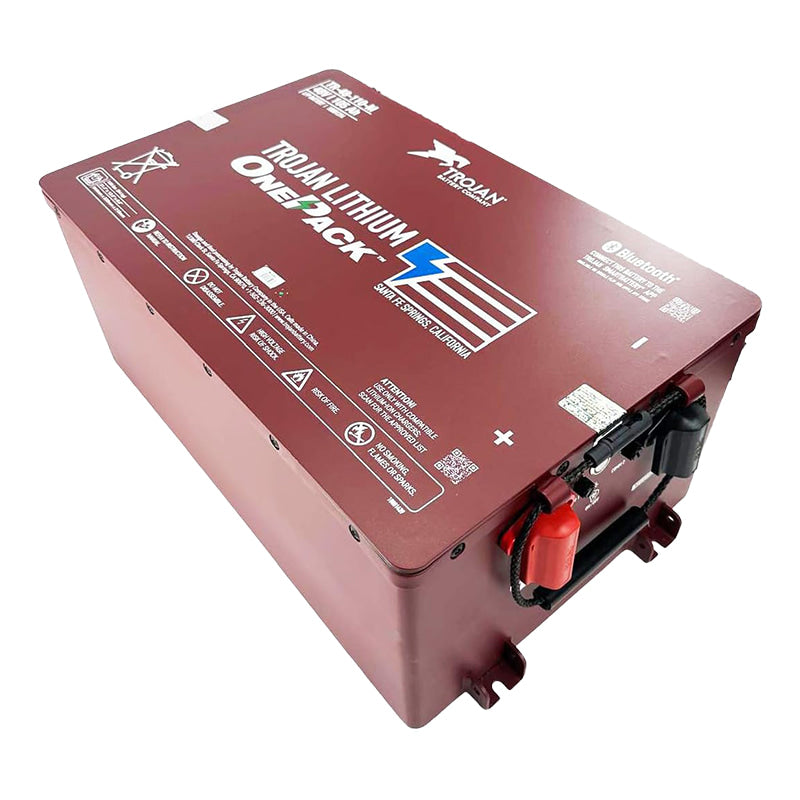 Angled view of the Trojan OnePack 48-volt 105 amp hour single replacement battery designed for golf carts and low speed vehicles, sold with free shipping by Salt City Golf Cart in Hutchinson, Kansas.