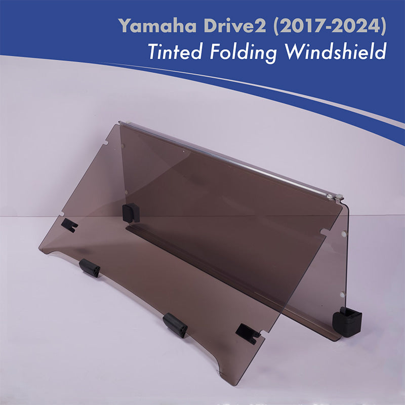 Tinted folding acrylic golf cart windshield designed for the Yamaha Drive2 models, gas or electric, model years 2017 through 2024.